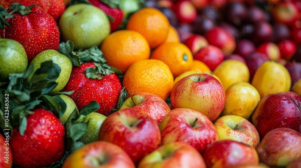 Assorted fresh fruits including apples, strawberries, and oranges Assorted fresh fruits including apples, strawberries, and oranges