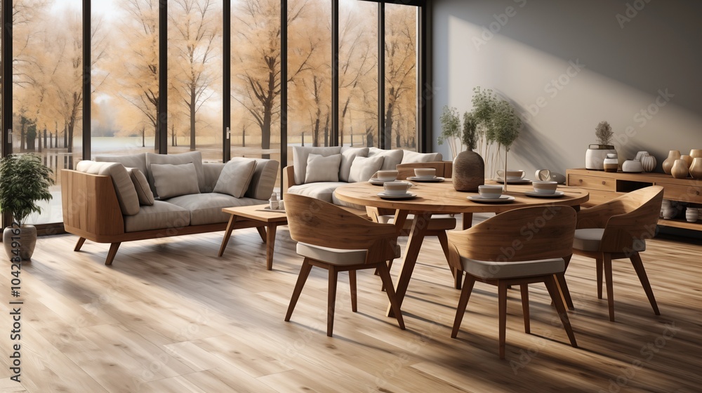 Obraz premium Modern Scandinavian design featuring grey barrel chairs and a wooden round table, offering rustic elegance and comfort.