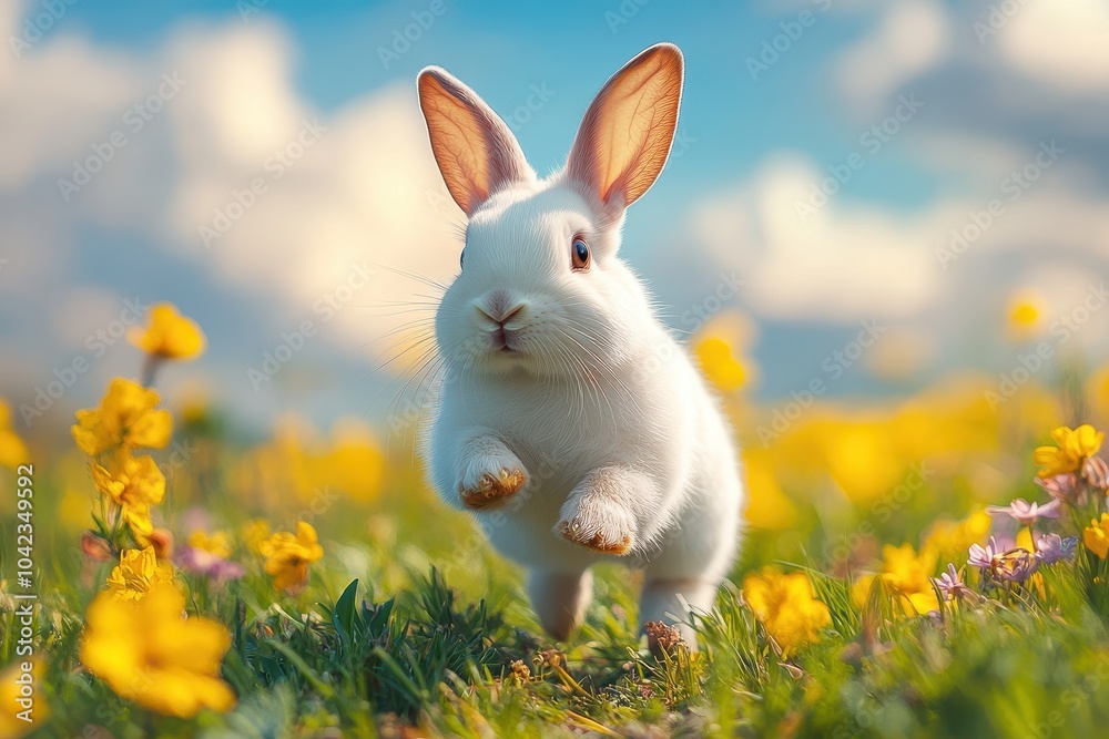 Fototapeta premium Cute White Rabbit Hopping on Grass with Blue Sky and Clouds – Photorealistic High-Resolution Photography