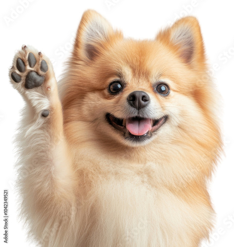 PNG Pomeranian dog smile and waving its paw pet animal friendly.