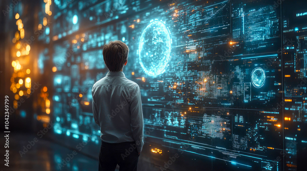 A person standing at the entrance of a tunnel made of digital lights and patterns, symbolizing a journey into technology and digital transformation A person standing at the entrance of a tunnel made of digital lights and patterns, symbolizing a journey into technology and digital transformation