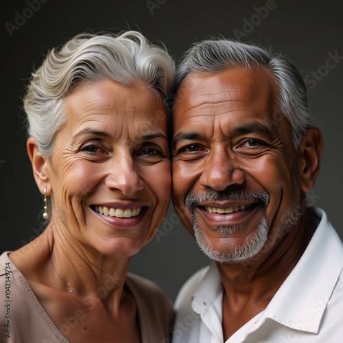 An image featuring an affectionate elderly African-American couple smiling at each other against an isolated backdrop