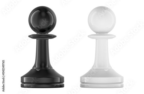 Fototapeta Naklejka Na Ścianę i Meble -  Two chess pawns stand opposite each other. White pawn and black pawns, confrontation concept. 3D rendering isolated on transparent background