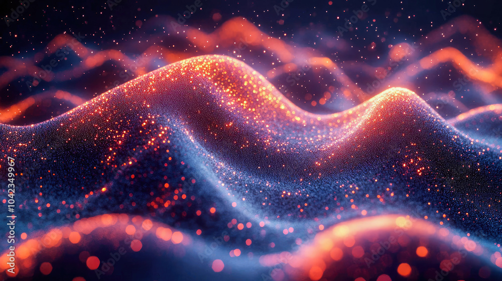 An abstract depiction of a glowing digital energy field in orange and blue, featuring bright particles and flowing lines of light An abstract depiction of a glowing digital energy field in orange and blue, featuring bright particles and flowing lines of light