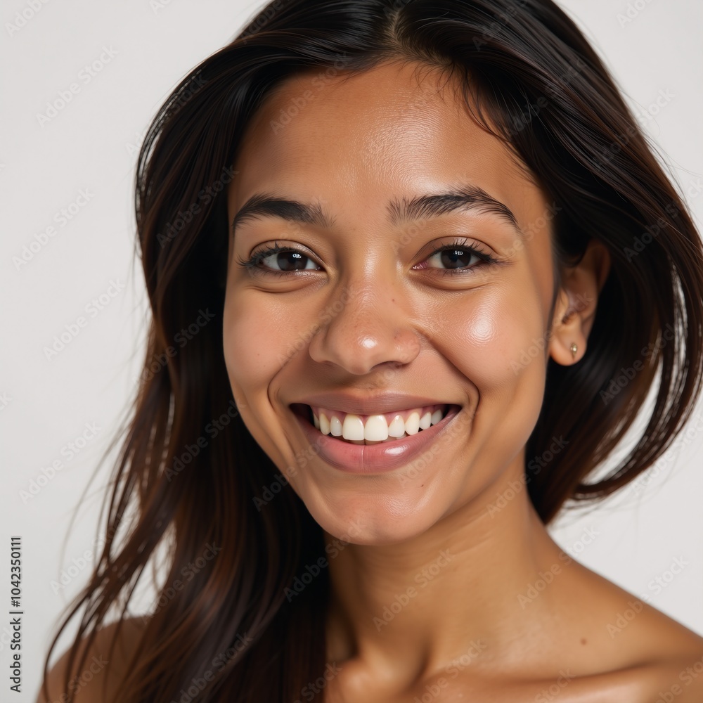 A radiant African American woman exuding positivity poses on a clean white backdrop with flawless skin and a warm smile A radiant African American woman exuding positivity poses on a clean white backdrop with flawless skin and a warm smile