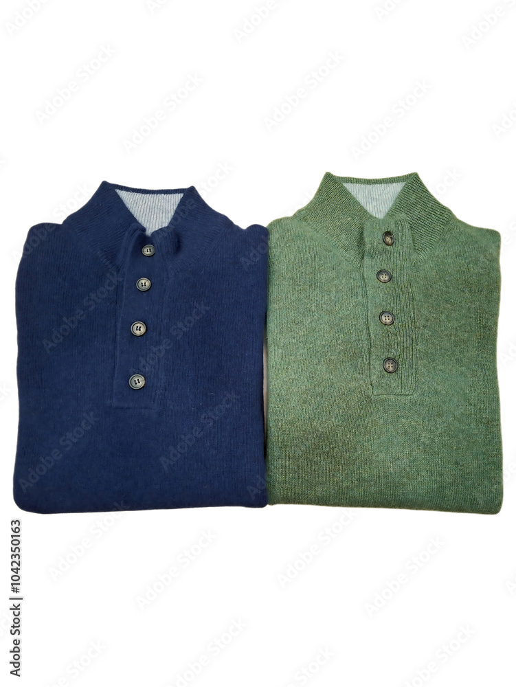 Green and blue men's polo sweaters with buttons at the neck isolated on white background Green and blue men's polo sweaters with buttons at the neck isolated on white background