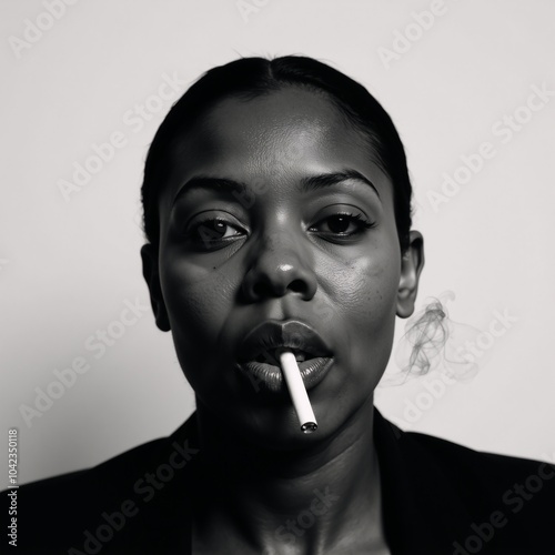 Image portrays a close-up portrait of an African American woman with focus on her face as she smokes during World No Tobacco Day photo