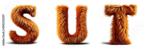 Letters S, T, U. Alphabet Made of Ultra-Realistic Brown Dog Fur: Hair Letters.