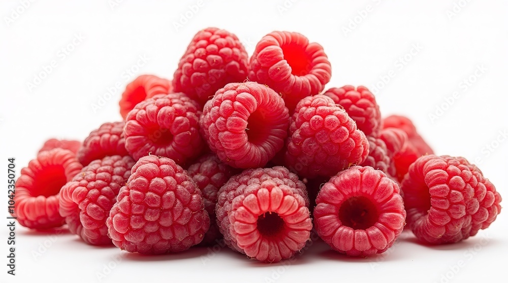 A mound of juicy fresh raspberries spills across a white surface. A mound of juicy fresh raspberries spills across a white surface.