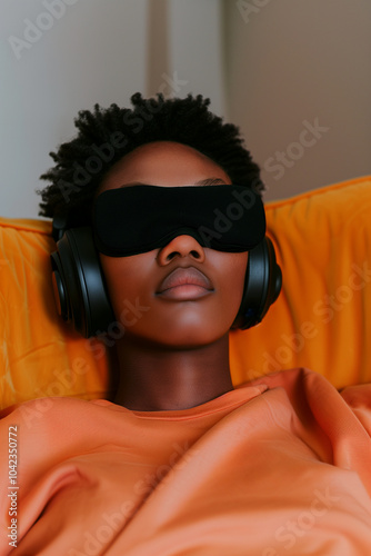 A young ketamine therapy patient is relaxing on orange chair wearing headphones and sleep mask during her IV infusion session
