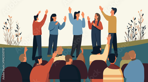 Audience applauding performers on stage celebration event. Diverse group of people raising hands in appreciation outdoor setting with plants. Perfect for event promotion