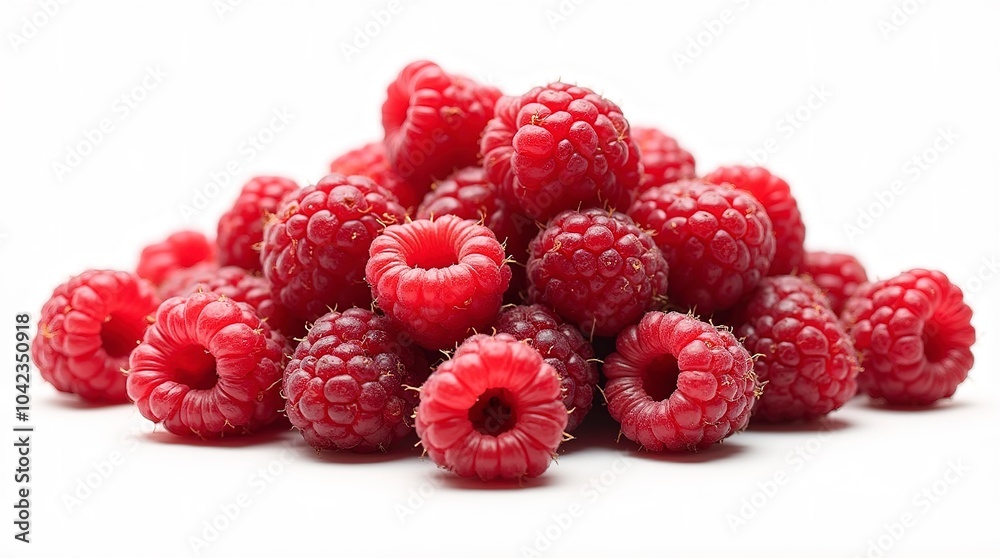 A Pile of Ripe, Juicy Raspberries on White Background A Pile of Ripe, Juicy Raspberries on White Background