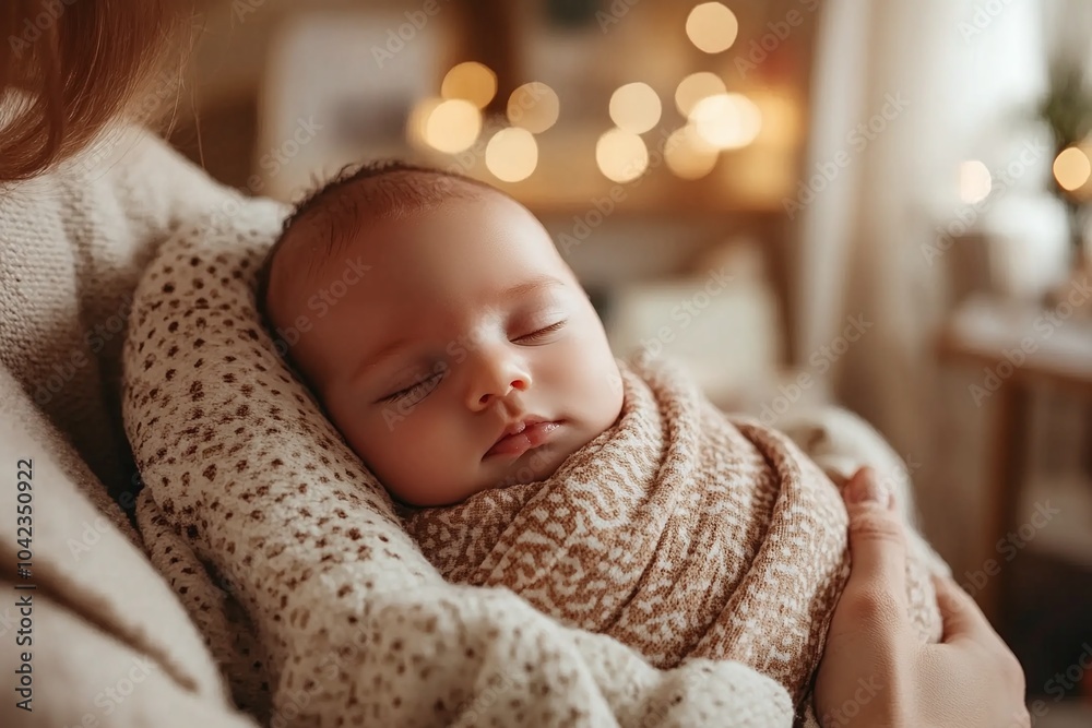 Newborn baby swaddled in a soft, patterned blanket, cradled in the arms of a caregiver in a softly lit nursery room filled with gentle lullabies playing in the background 2 Newborn baby swaddled in a soft, patterned blanket, cradled in the arms of a caregiver in a softly lit nursery room filled with gentle lullabies playing in the background 2
