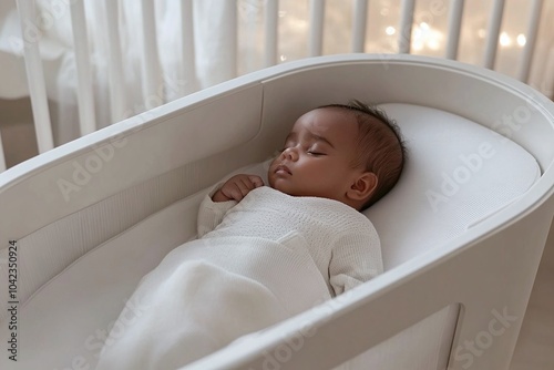 Newborn baby peacefully sleeping in a modern bassinet with minimalist design, surrounded by a monochromatic nursery decor with soft ambient lighting and a serene atmosphere 1 photo