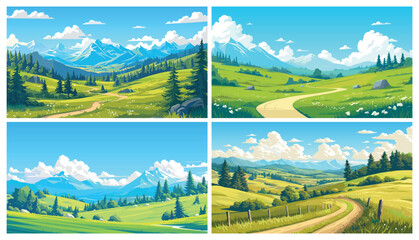 Acrylglasbilder Blau Cartoon alpine meadow set. Summer landscape with forest mountain hill nature green field blue sky vector illustration  © ssstocker