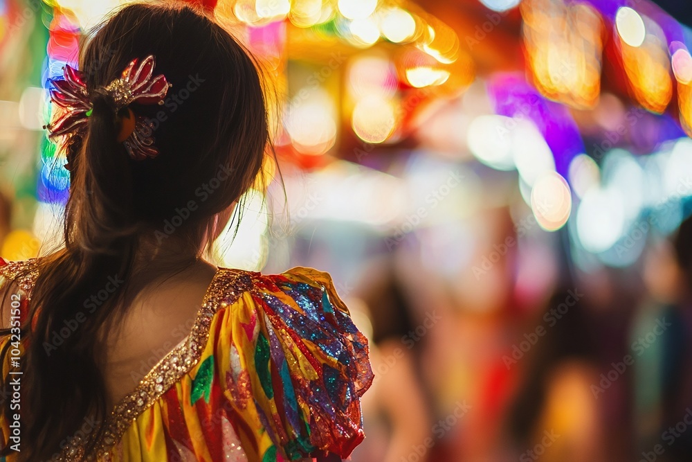 Festively dressed person captured amidst a softly blurred carnival scene 1 Festively dressed person captured amidst a softly blurred carnival scene 1