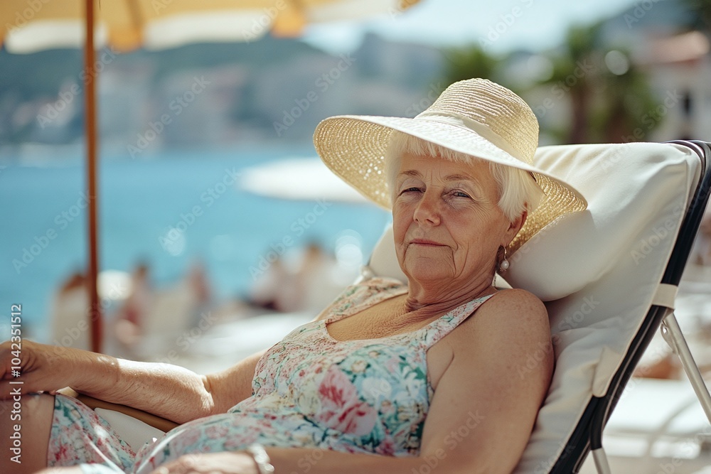 Fototapeta premium Elderly woman with white hair, wearing a sunhat and a beach dress, sunbathing on a recliner under a parasol 1