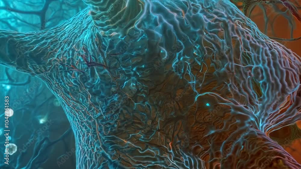 Pushing towards a neuron and diving inside revealing a network of microtubules. 