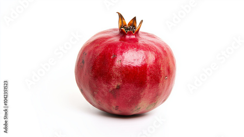 Whole pomegranate fruit with shiny red skin on a light background for food photography