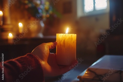 A hand gently gripping a lit candle in front of a marble coffin, softly lit by the warm glow of candlelight 2 photo