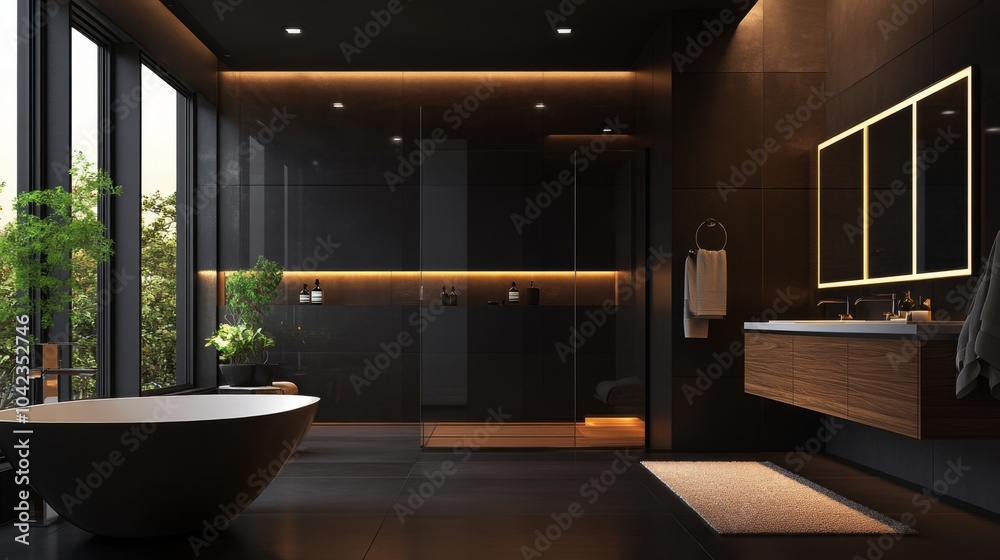 Fototapeta premium Modern Black and Wood Bathroom with Bathtub, Shower, and Double Vanity