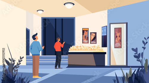 Cinema lobby scene people buying tickets movie posters popcorn counter modern interior flat design
