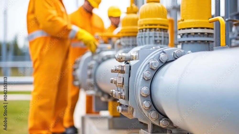 Workers in orange uniforms inspect industrial pipelines at a gas facility, AI Workers in orange uniforms inspect industrial pipelines at a gas facility, AI