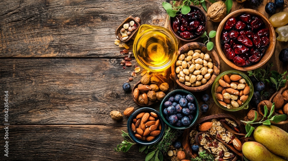 Assortment of nuts, fruits, and olive oil on rustic table Assortment of nuts, fruits, and olive oil on rustic table