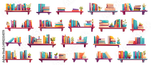 Cartoon bookshelves set. Shelves with books and plants in pots, library room interior element, reading knowledge vector illustration