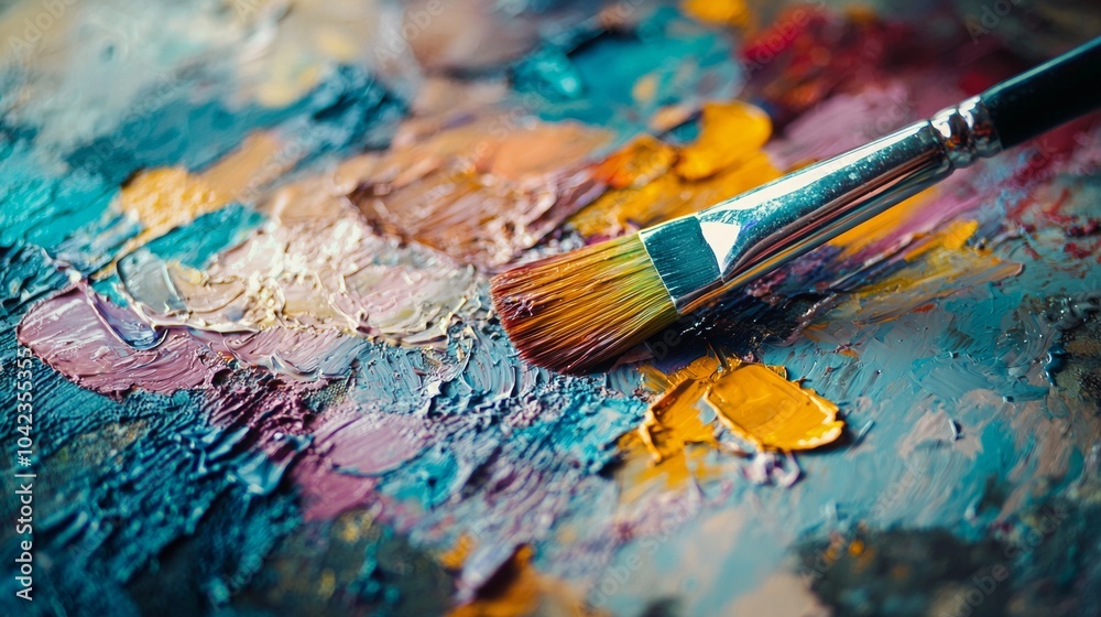 Close-up of colorful brushstrokes on canvas with paintbrush Close-up of colorful brushstrokes on canvas with paintbrush