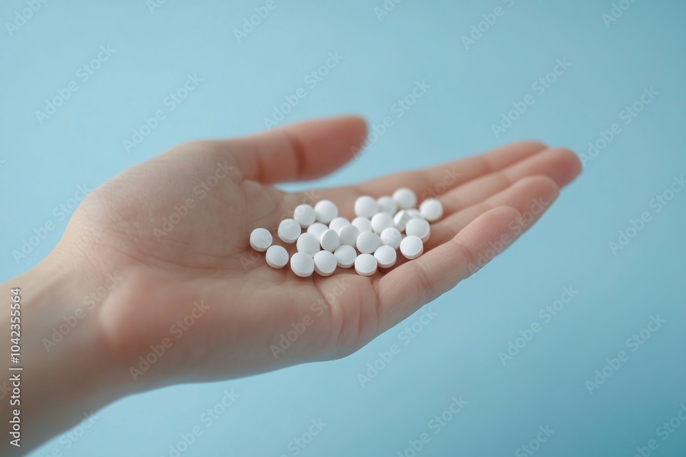 Hand holding white round pills, on a light blue background, natural light, close-up view 2