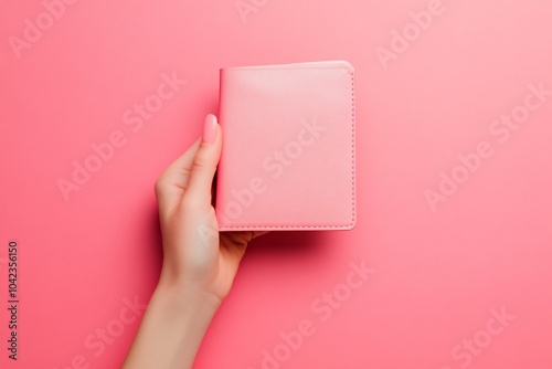 Hand holding a sleek plastic wallet, on a pink background, bright light, front view 2