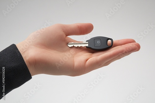 Hand holding a modern electronic key, on a white background, bright light, front view 1 photo