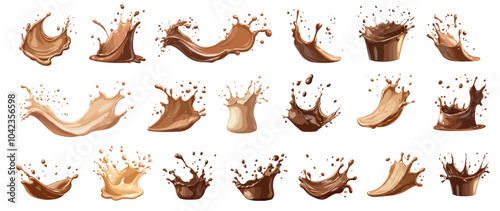 Cartoon chocolate milk splash set. Cocoa drink waves drops splatters, melted hot choco syrup sweet dessert milkshake vector illustration