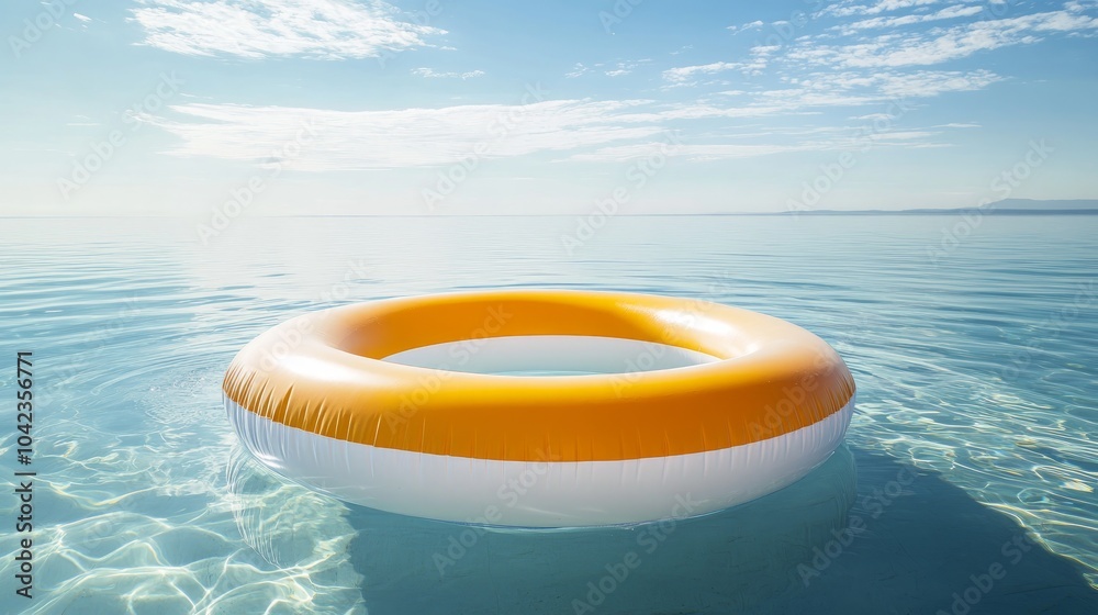 A yellow and white inflatable ring floats in a calm blue sea, with a bright blue sky and white clouds above. A yellow and white inflatable ring floats in a calm blue sea, with a bright blue sky and white clouds above.
