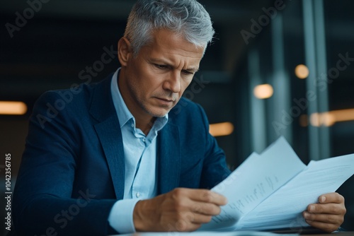 Businessman with short grey hair, wearing a blue blazer, sitting at a desk with documents, focused expression, side view 2 photo