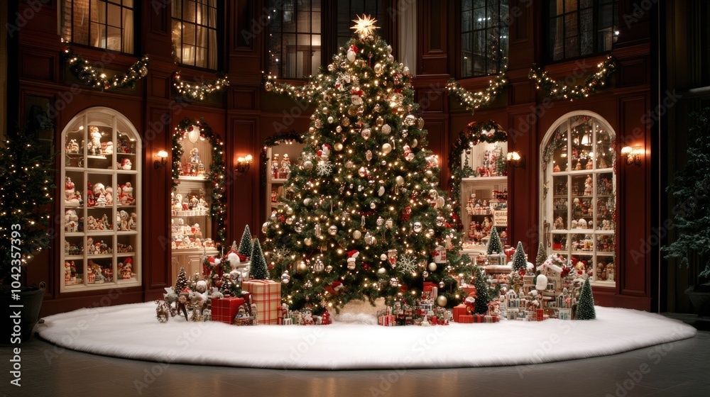 A charming old shop window adorned with Christmas decorations showcases a festive atmosphere and a dazzling tree inside A charming old shop window adorned with Christmas decorations showcases a festive atmosphere and a dazzling tree inside