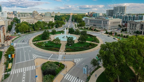 Swan memorial Fountain and the Logan Square traffic circle, Philadelphia, Pennsylvania, United States.