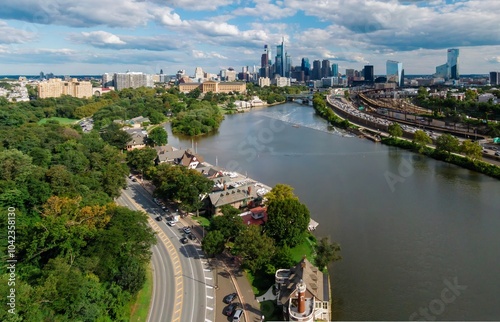 Schuylkill River, East Park with a view to downtown, Philadelphia, Pennsylvania, United States.