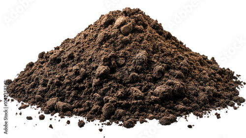 Brown pile of soil isolated on white background, resembling cocoa or chocolate powder, highlighting its organic texture and earthy nature