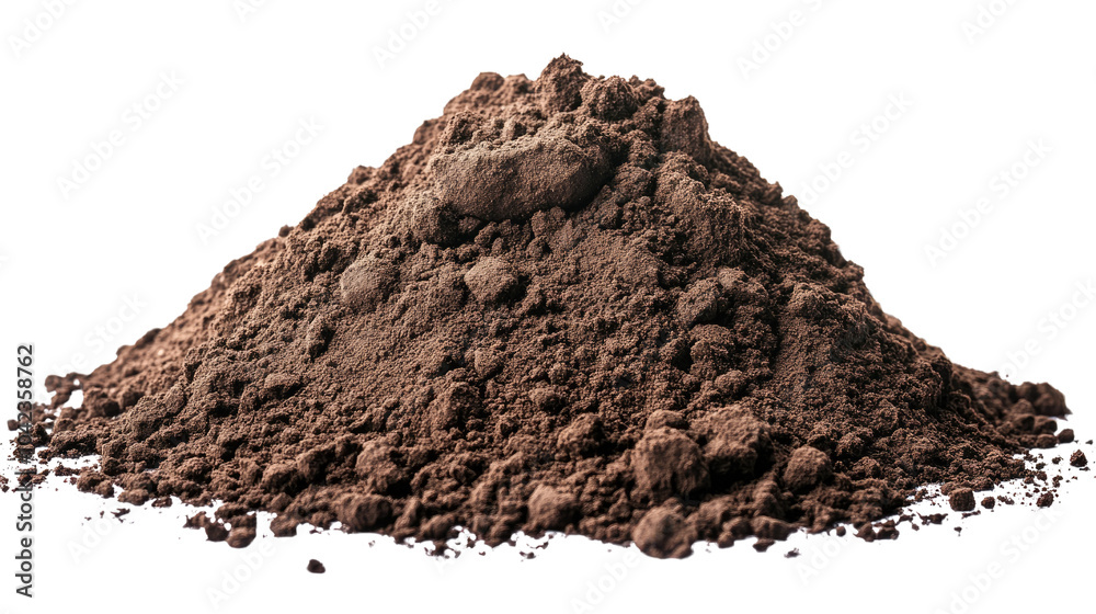 Brown pile of soil isolated on white background, resembling cocoa or chocolate powder, highlighting its organic texture and earthy nature Brown pile of soil isolated on white background, resembling cocoa or chocolate powder, highlighting its organic texture and earthy nature