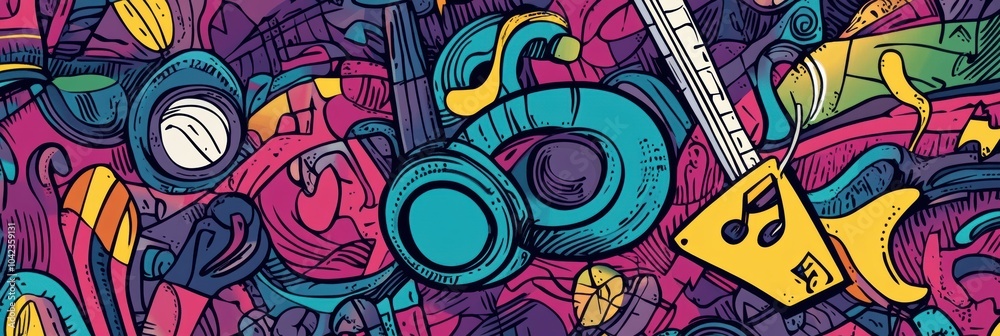 Fototapeta premium A vibrant array of music-themed doodles showcases various instruments, notes, and sound waves, creating a lively and artistic display. Generative AI