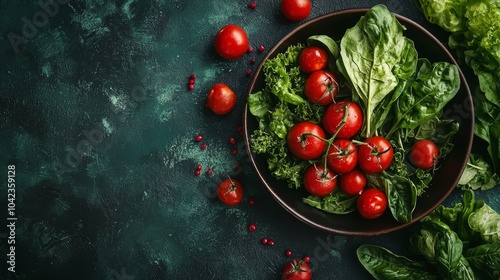 Bowl of fresh cherry tomatoes and greens on dark background photo