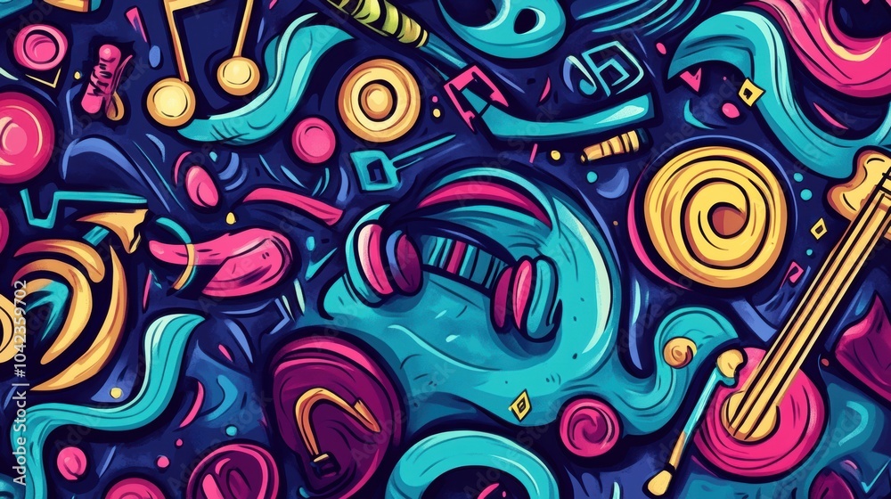 Fototapeta premium A lively composition showcases a mix of musical instruments, notes, and sound waves in an engaging and colorful doodle design. Generative AI