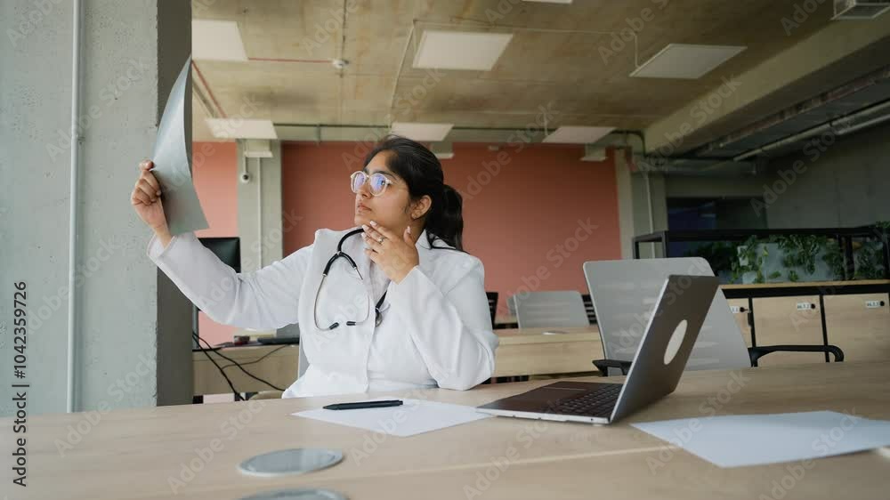 Pakistani female doctor analyzing X-ray for diagnosis at desk Pakistani female doctor analyzing X-ray for diagnosis at desk