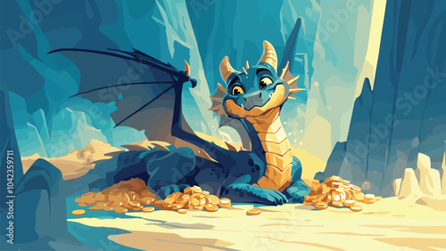 Cartoon dragon on treasure. Fantasy animal beast defense gold coins pile in cave, fairytale dungeon creature vector illustration