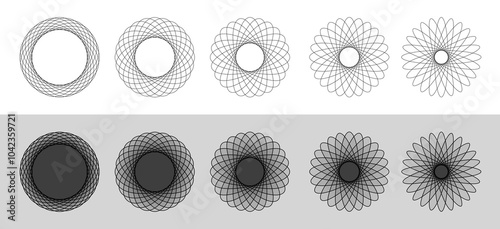 Collection of abstract fractal circles background, black and white sphere lines wireframe pattern, editable stroke, set of vector circle geometric shapes, concept of science, technology, ai