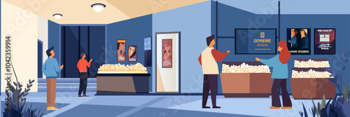 Cinema theater lobby scene with people. Visitors engaging in conversation near popcorn stand. Blue and beige tones with movie posters on walls. Ideal for website banner