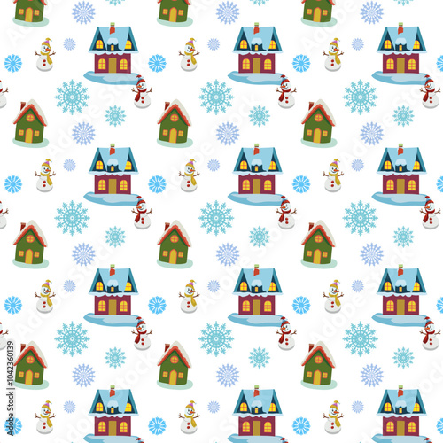 Pattern with houses and a snowman and snowflakes on a New Year theme.eps
