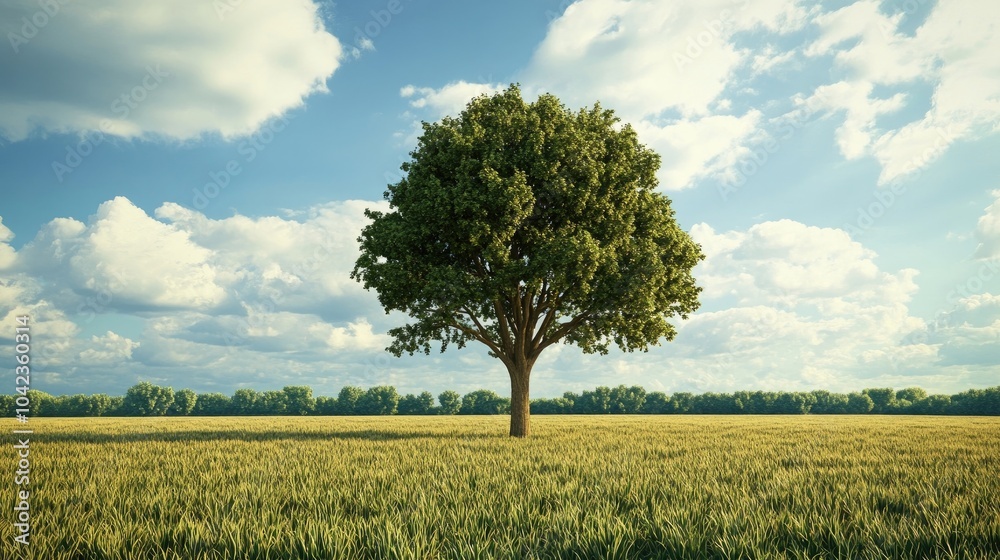 Fototapeta premium A single tree standing tall in a vast, quiet field, symbolizing mental strength and solitude